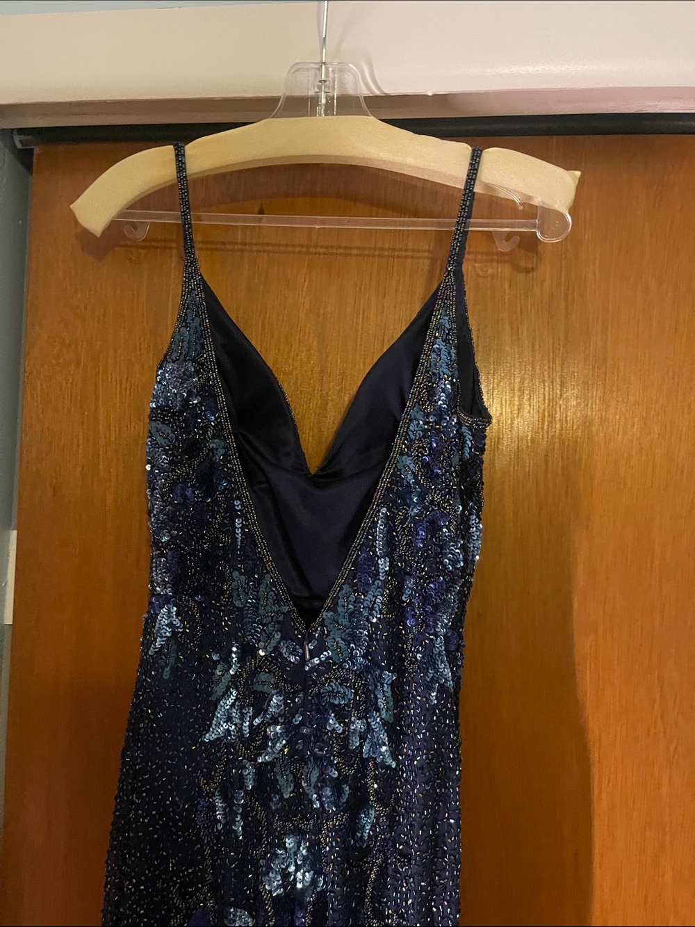 Elegant Navy Sequin Slip Dress with Floral beaded Accents - Picture 5 of 9